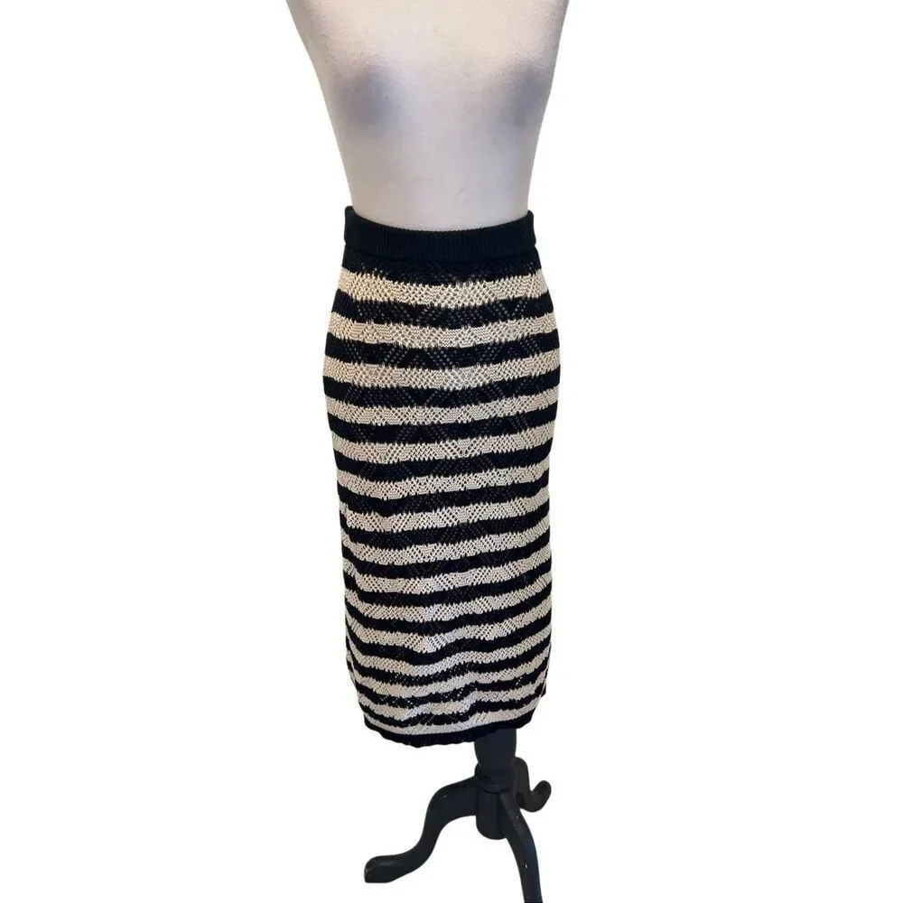 Freshman 1996 Women's Striped Crochet Knit Maxi Skirt Black Beige Small